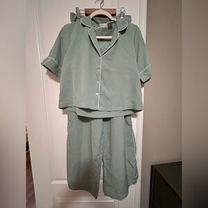 💋🫦 Luxury Light Sage Green Cotton Two-Piece Pajama Set with White Piping 👄💋